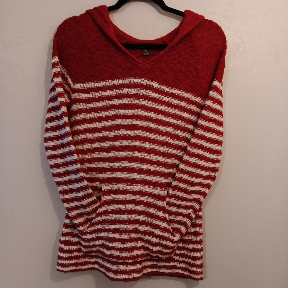 Eddie Bauer Women's Pullover Knit Sweater Hoodie Sz S Red/White Striped Pouch...